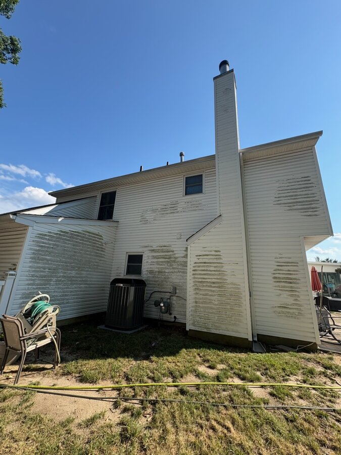 Home siding before soft washing — algae streaks and grime